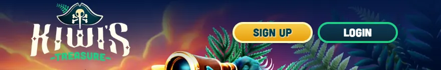 Kiwi's Treasure desktop header with Sign Up and Login buttons at the top right