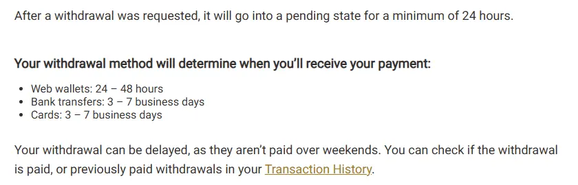 Help Centre text: 24-hour pending state, web wallets 24–48 hours, bank transfers and cards 3–7 business days